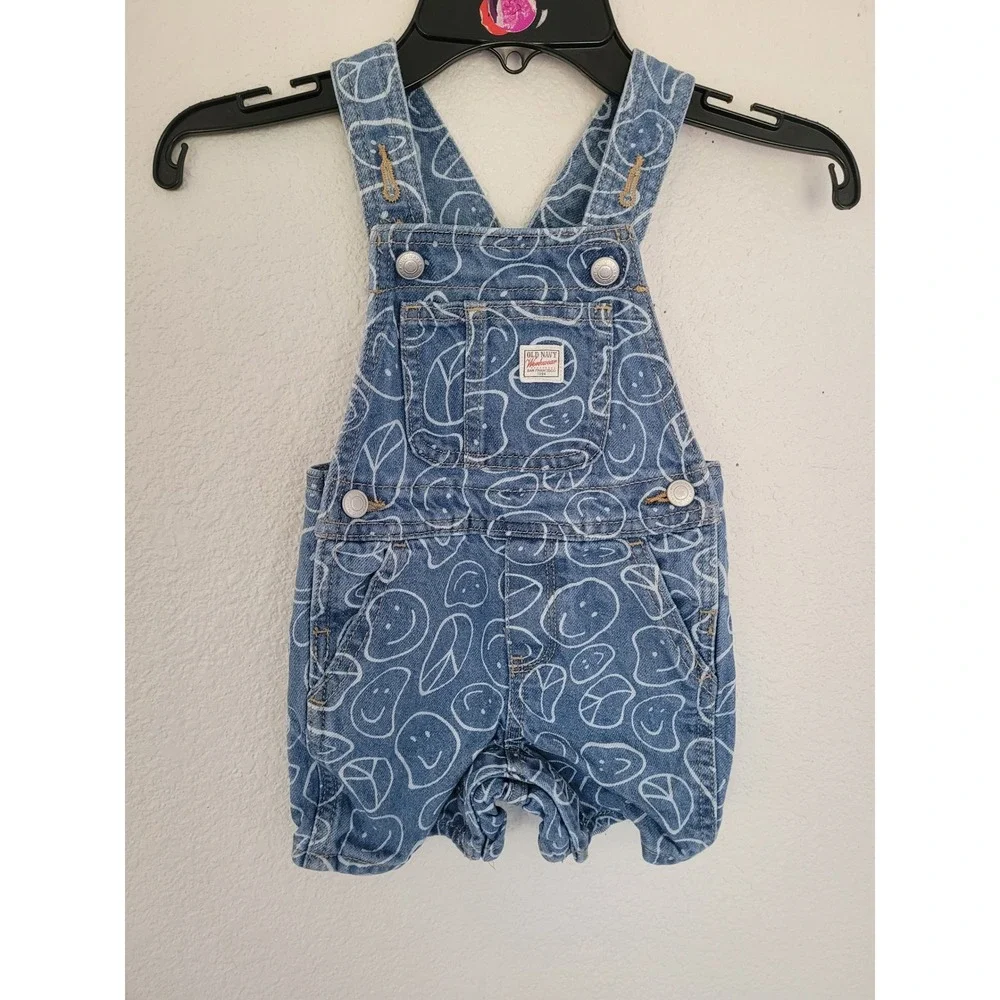 Old Navy Workwear Baby Blue Denim Smiley Face Peace Sign Overalls 12-18 M #8